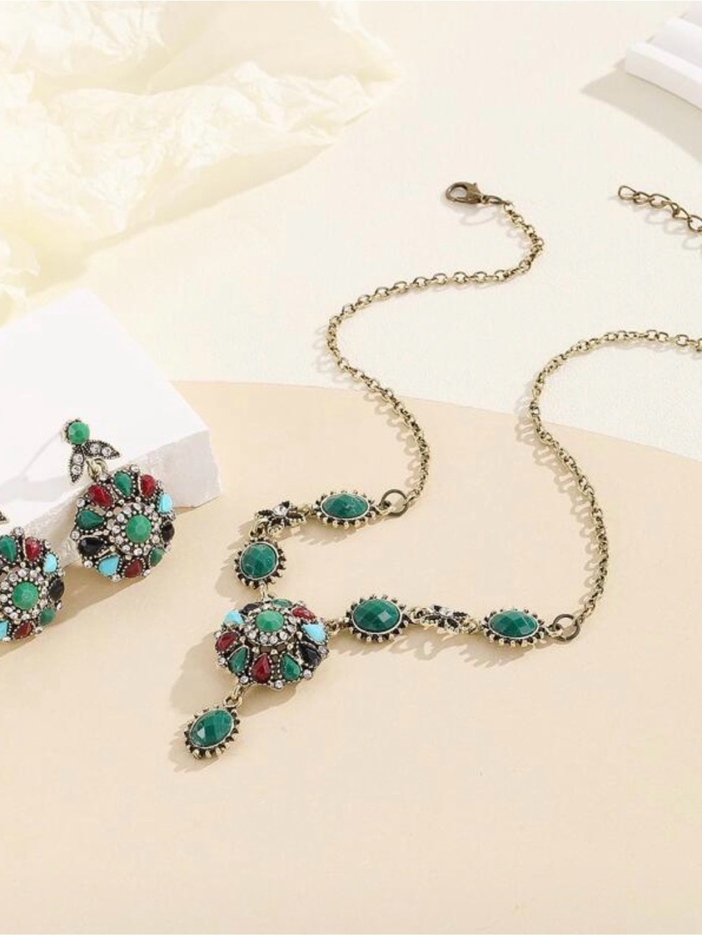 Bohemian Green Multi-Stone Statement Necklace & Earring Set - Picture 4 of 5